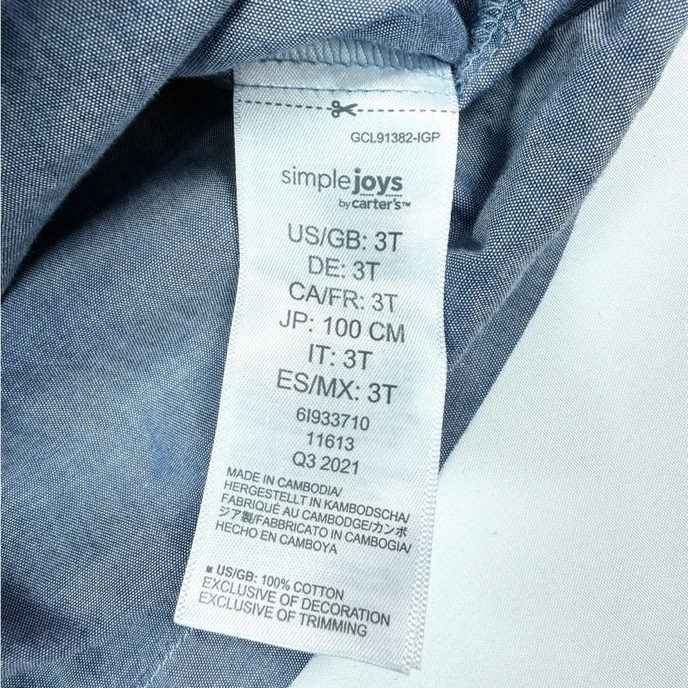 SIMPLE JOYS BY CARTERS Girls Chambray Babydoll‎ Dress 3T Cottagecore Casual
